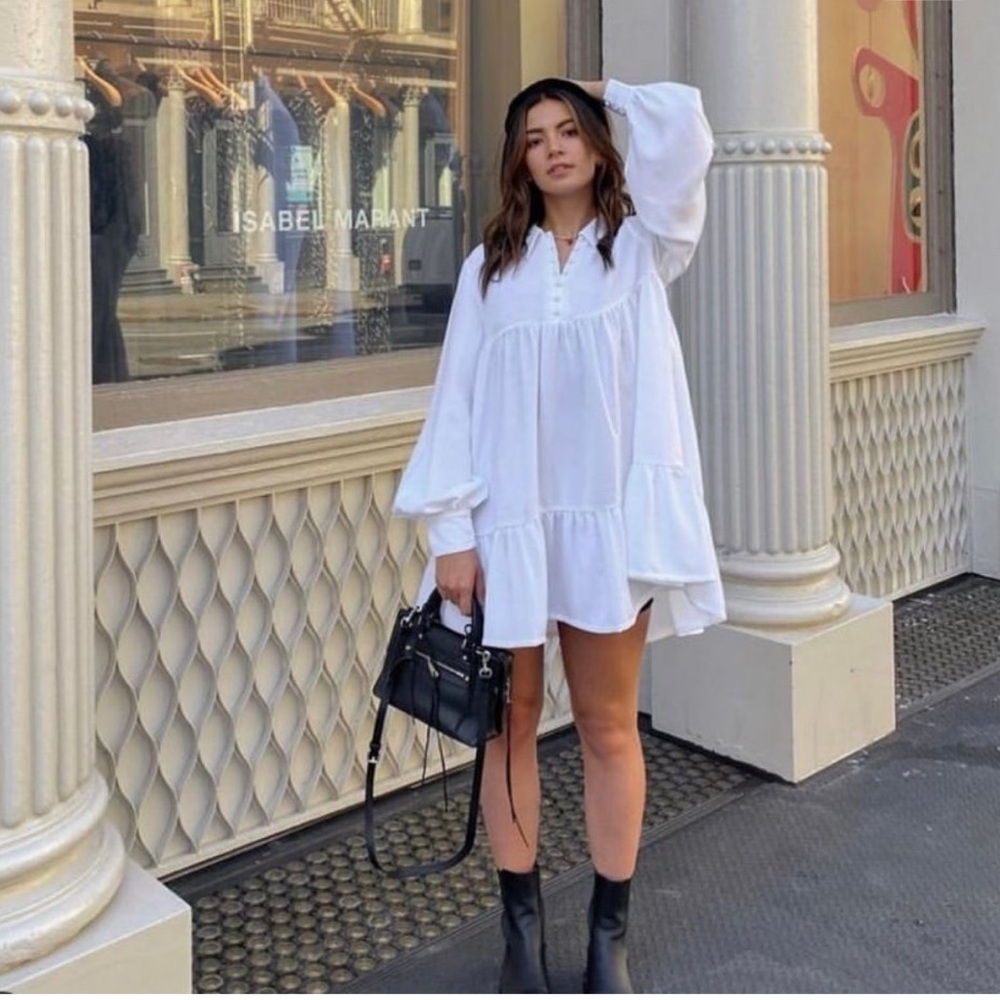 REVOLVE White Long Sleeve Tiered Mini Dress